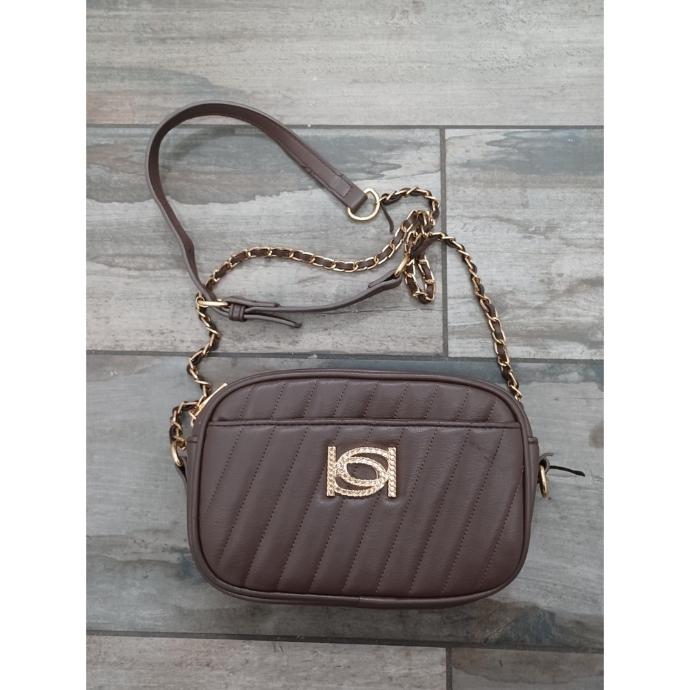 BEBE Gia Crossbody Bag Brown Faux Leather Gold Link Strap